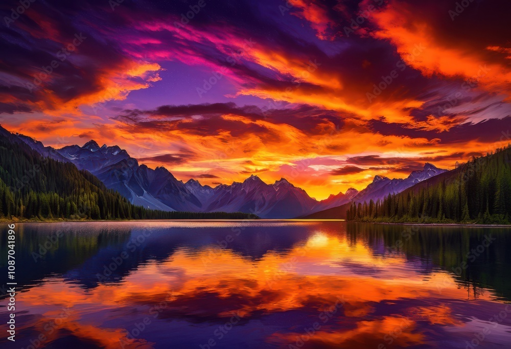 breathtaking vibrant sunset over majestic mountainous terrain mirror like reflective lake surrounded lush greenery, silhouettes, horizon, reflection breathtaking vibrant sunset over majestic mountainous terrain mirror like reflective lake surrounded lush greenery, silhouettes, horizon, reflection
