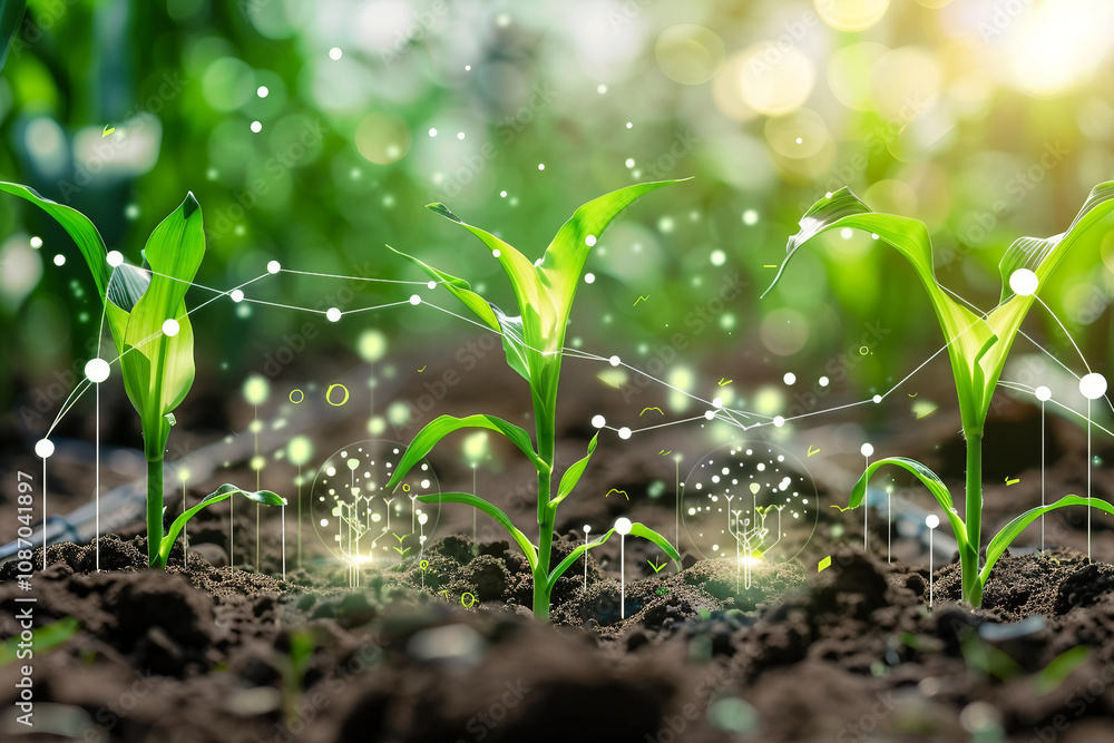 Generative AI Image of Young Plant with Digital Hologram Network Connections in Futuristic Garden Generative AI Image of Young Plant with Digital Hologram Network Connections in Futuristic Garden
