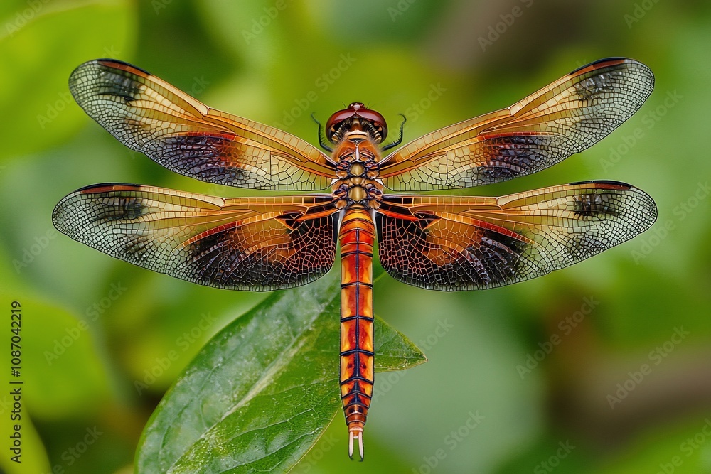 Stunning Dragonfly with Vibrant Orange and Black Wings Perched on a Leaf Stunning Dragonfly with Vibrant Orange and Black Wings Perched on a Leaf