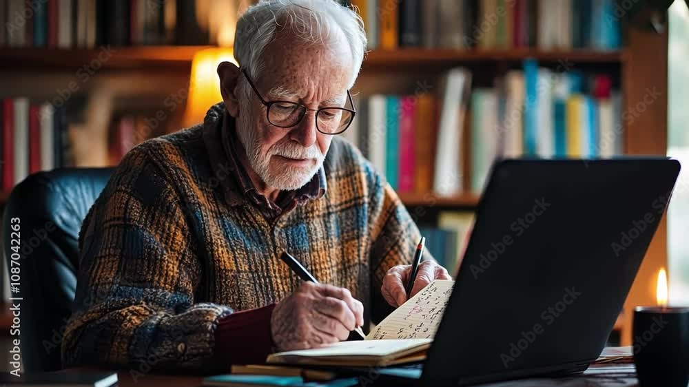 A senior writes down their passwords in a secure notebook, carefully storing them in a safe place with their computer open beside them. A senior writes down their passwords in a secure notebook, carefully storing them in a safe place with their computer open beside them.