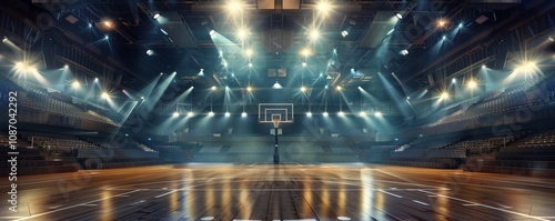 Empty basketball arena, stadium, sports ground with flashlights and fan sits