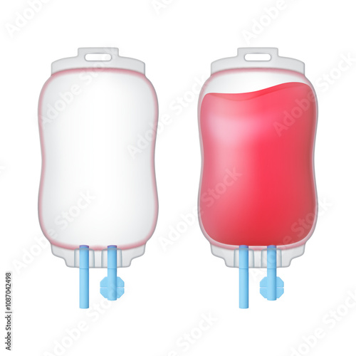 Bag of blood for transfusion. Medical 3d elements for surgery, ambulance, paramedics, reanimation. Emergency assistance to wounded, vector element