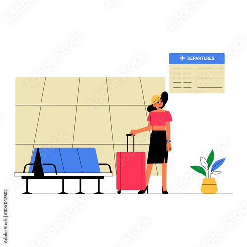 Woman With Luggage At Airport Departures In Flat Vector Illustration Symbolizing Solo Travel, Adventure, And Independence, Isolated On White Background
