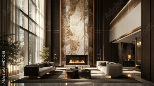 Luxurious modern living room with marble fireplace, large windows, and contemporary furniture.