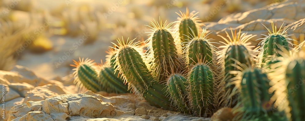Succulent cactus thriving in a harsh desert environment, with spines reaching towards the sun. Succulent cactus thriving in a harsh desert environment, with spines reaching towards the sun.