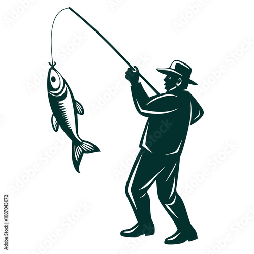 Fisherman Catching Fish Silhouette Vector.