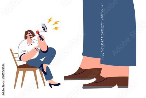 Small woman subordinate shouts at big boss through megaphone, breaking chain of command