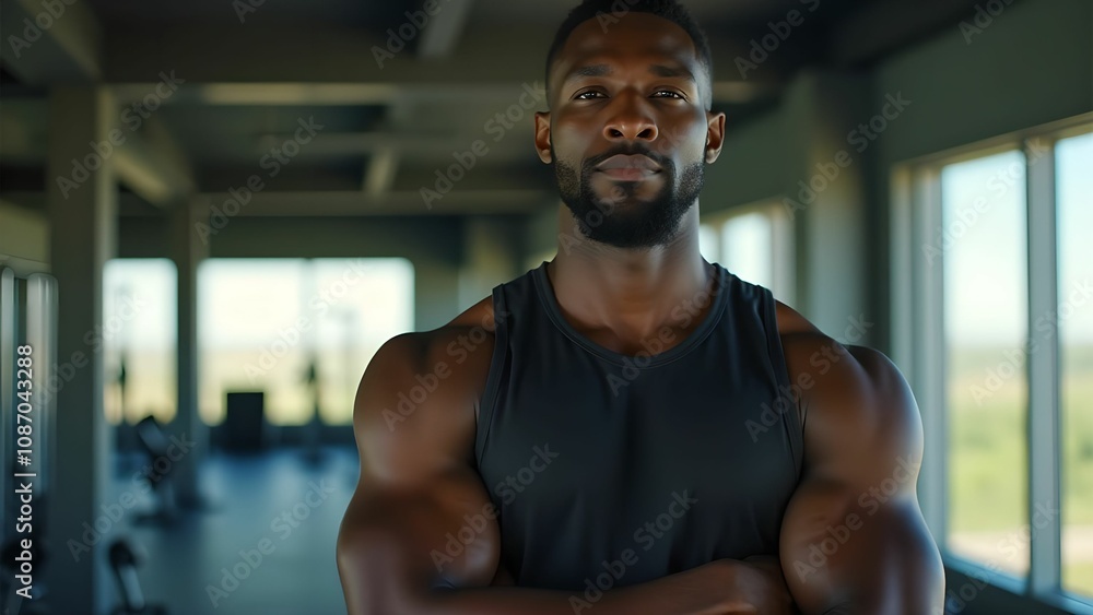 Muscular black athlete posing in the gym Muscular black athlete posing in the gym