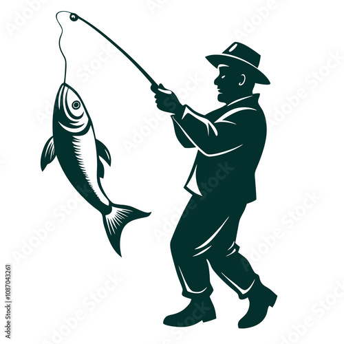 Fisherman Catching Fish Silhouette Vector.