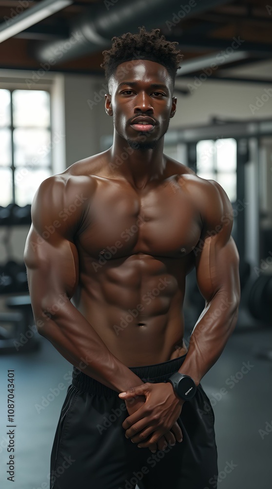 Muscular black athlete posing in the gym Muscular black athlete posing in the gym
