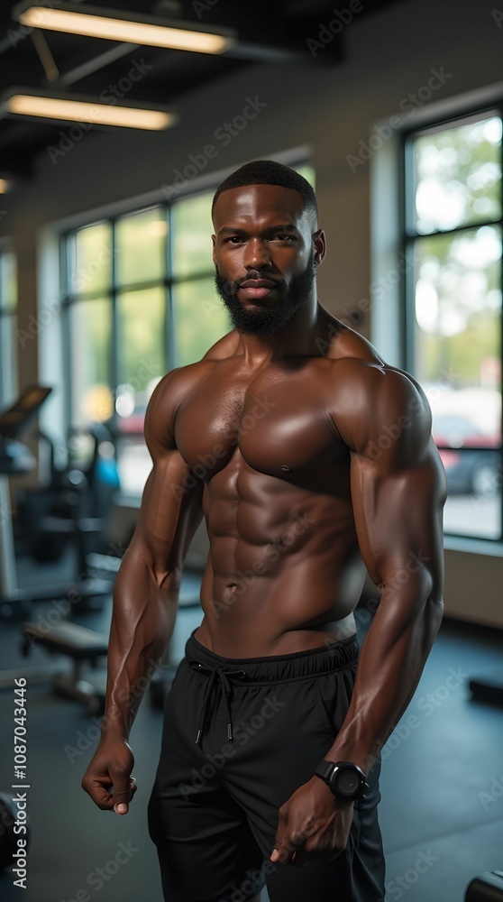 Fototapeta premium Muscular black athlete posing in the gym