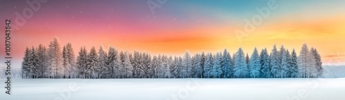 Beautiful winter landscape with snow-covered trees and setting sun