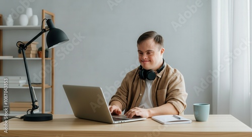 Obraz na płótnie Young man with headphones using laptop at home office desk for remote work or study w salonie