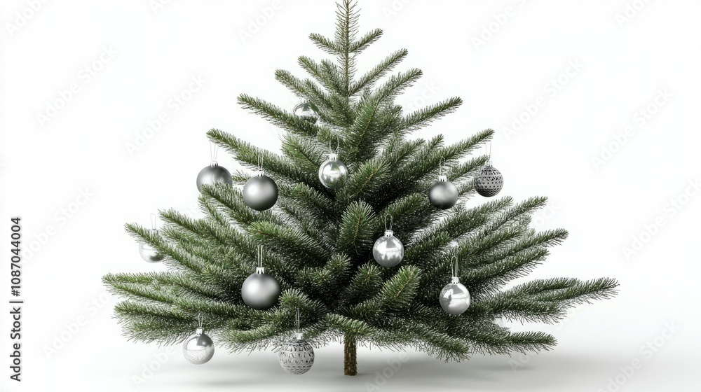 3d rendered white snowy chrsitmas tree with silver vibrant balls against white background 3d rendered white snowy chrsitmas tree with silver vibrant balls against white background