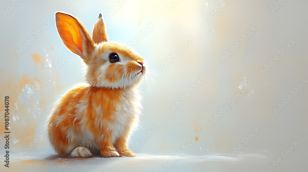 A cute, fluffy bunny rabbit with big ears sits on a white background, looking up with curiosity. A cute, fluffy bunny rabbit with big ears sits on a white background, looking up with curiosity.