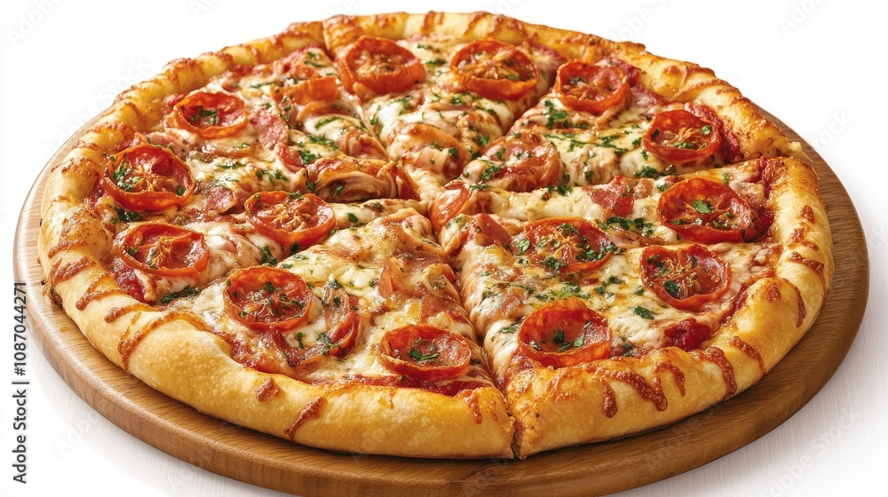 Delicious cheese pizza with pepperoni and tomato slices, cut into eight pieces on a wooden board. Delicious cheese pizza with pepperoni and tomato slices, cut into eight pieces on a wooden board.