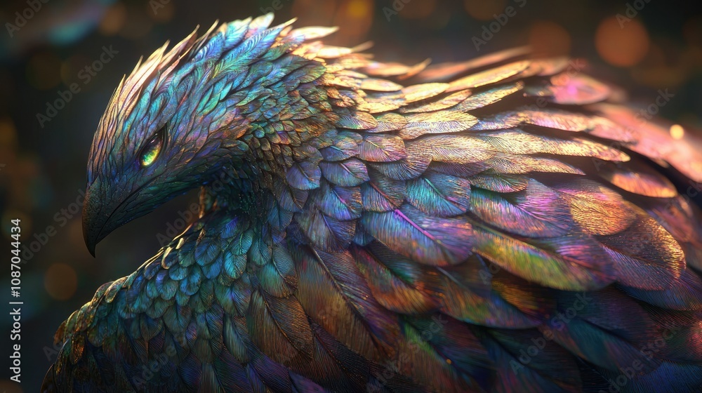 Naklejka premium Iridescent mythical bird of prey with glowing eyes, detailed feathers, bokeh background.