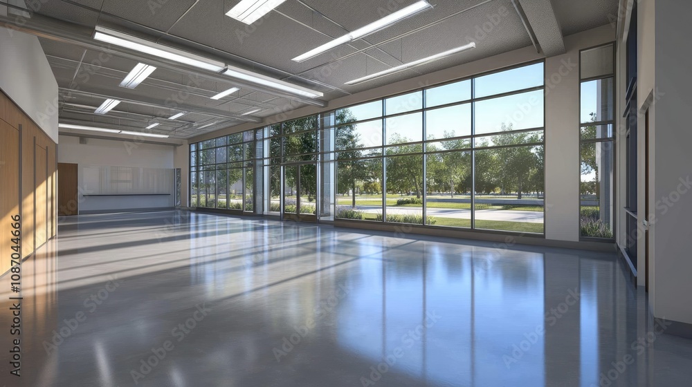 Fototapeta premium Sunlit spacious modern interior with large windows overlooking a park-like landscape.