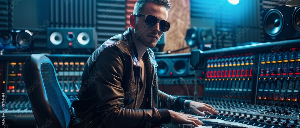 A man in a recording studio with audio equipment, wearing a leather jacket and sunglasses, looking serious with a tattoo on his arm. A man in a recording studio with audio equipment, wearing a leather jacket and sunglasses, looking serious with a tattoo on his arm.