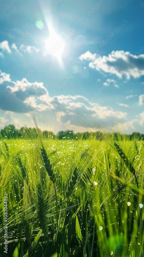 Fototapeta premium A sunlit field of green crops under a blue sky with clouds, extending to the horizon. Plants with water droplets in the foreground.