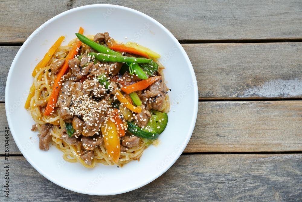 A plate of stir-fried Japchae noodles with vegetables and meat. A plate of stir-fried Japchae noodles with vegetables and meat.