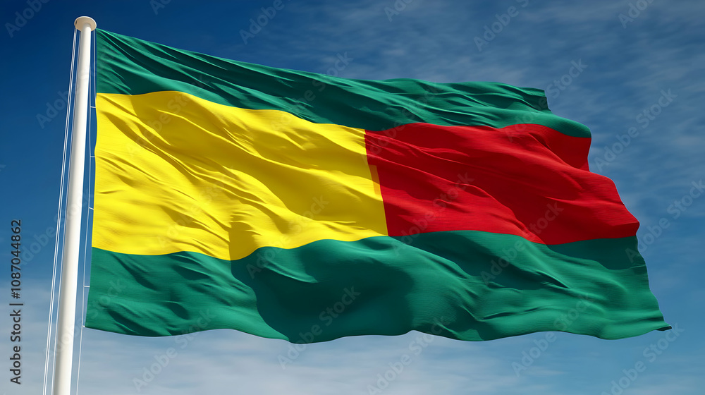 Obraz premium A Green, Yellow, and Red Flag Waves on a Blue Sky with White Clouds, National Symbol of Guinea-Bissau