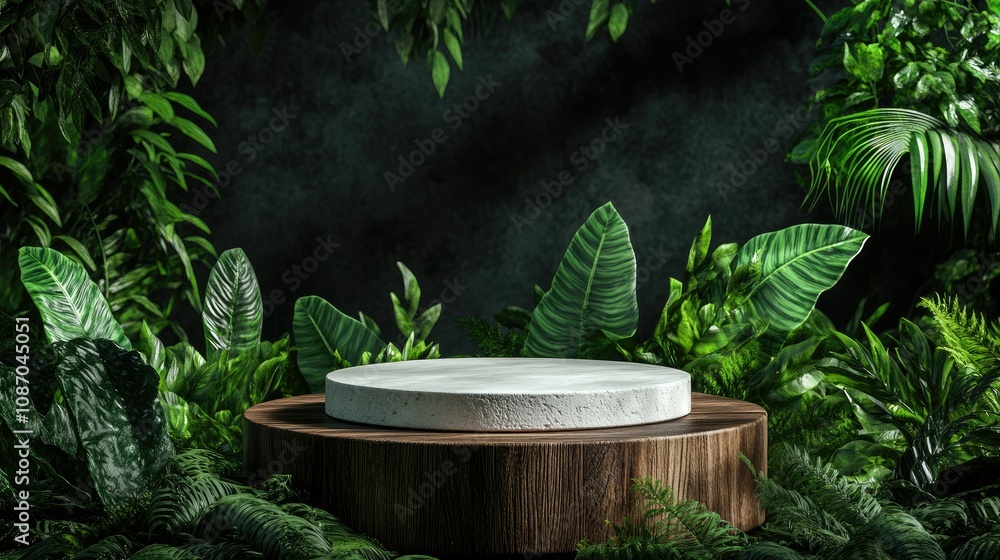 Lush greenery surrounds a minimalist, round, white stone display platform on a dark wood base. Perfect for product showcasing. Lush greenery surrounds a minimalist, round, white stone display platform on a dark wood base. Perfect for product showcasing.
