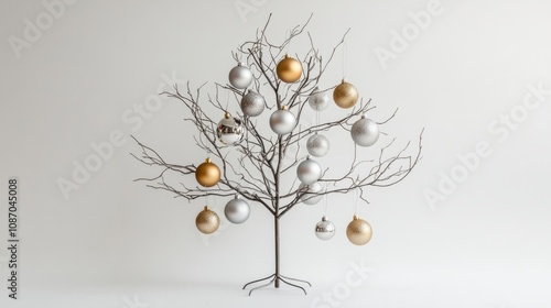 3d rendered silver white abstract chrsitmas tree against white background photo