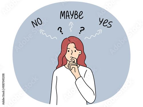 Thinking woman makes difficult solution and reflects on problem that has arisen, standing near words yes and no. Embarrassed girl is stressed because of need to make choice and find solution