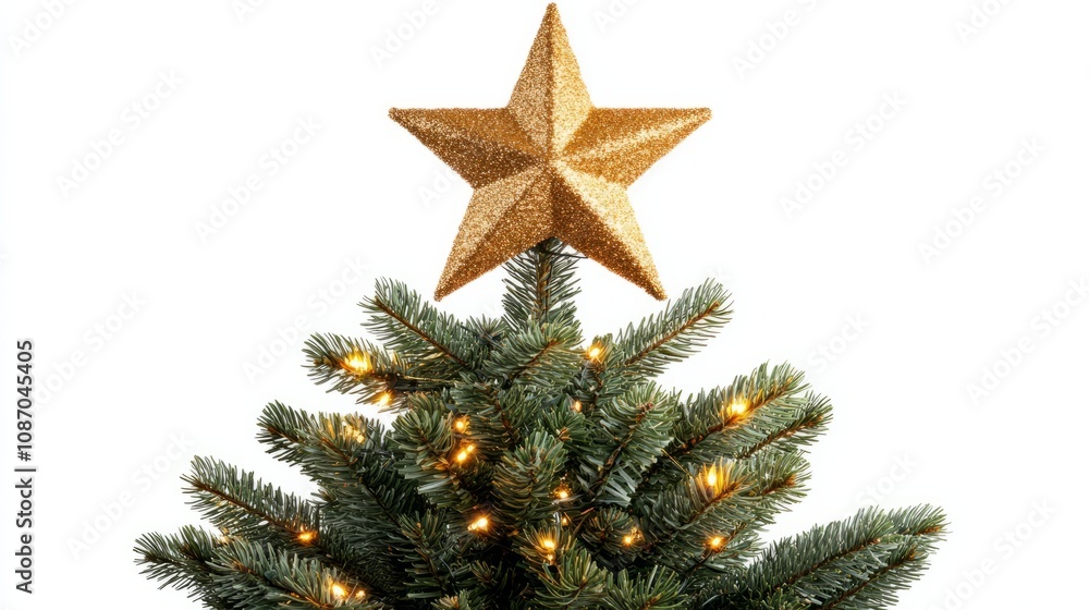 close-up christmas tree with golden star against white background