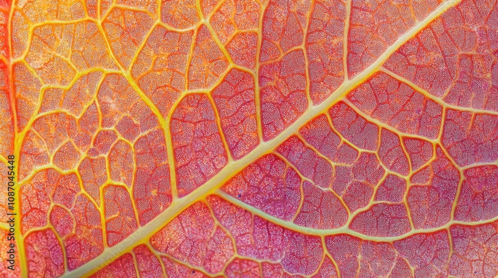Obraz premium Close-up of a vibrant, red and orange autumn leaf, showcasing intricate vein details.
