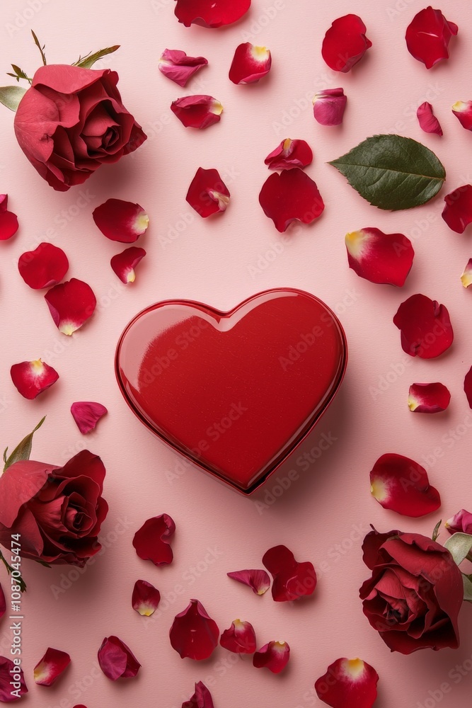 A flat lay of Valentines Day elements on a pastel pink background, featuring a red heart-shaped gift box, roses, and scattered rose petals A flat lay of Valentines Day elements on a pastel pink background, featuring a red heart-shaped gift box, roses, and scattered rose petals