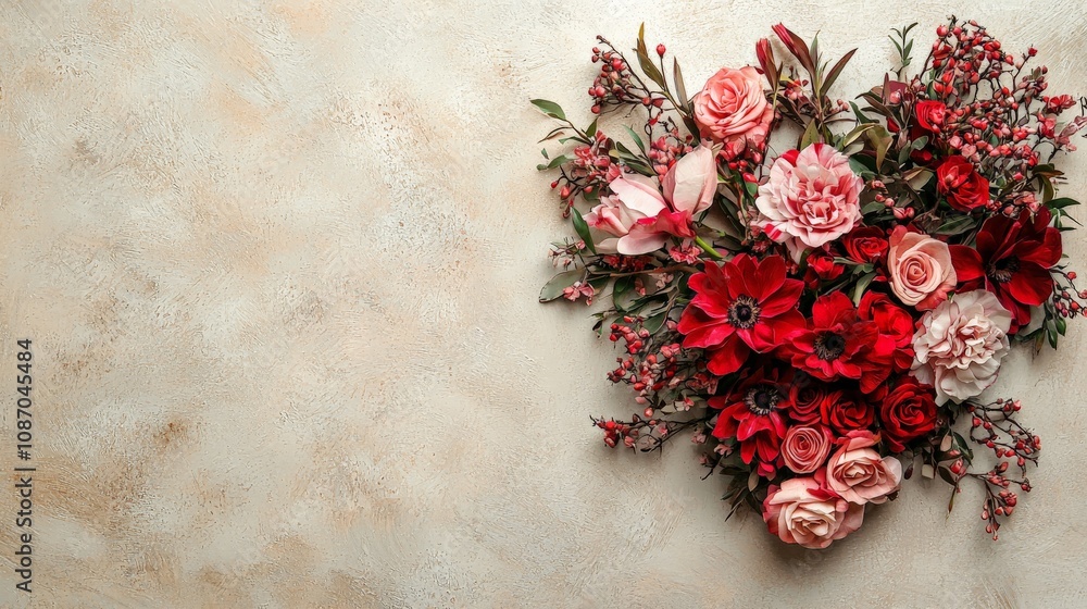 A heart-shaped arrangement of fresh red and pink flowers on a soft, neutral background, A heart-shaped arrangement of fresh red and pink flowers on a soft, neutral background,