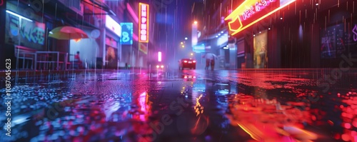 Neon-lit cyberpunk street with rain-soaked pavement, 4K hyperrealistic photo.