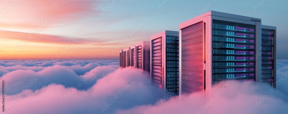 Fototapeta premium Row of large server equipment floating above clouds with pink and blue lights