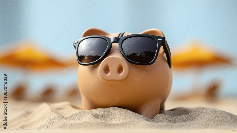 Piggy bank wearing sunglasses on a sandy beach with blurred yellow beach umbrellas in the background, representing a fun and relaxed summer vacation concept. Piggy bank wearing sunglasses on a sandy beach with blurred yellow beach umbrellas in the background, representing a fun and relaxed summer vacation concept.