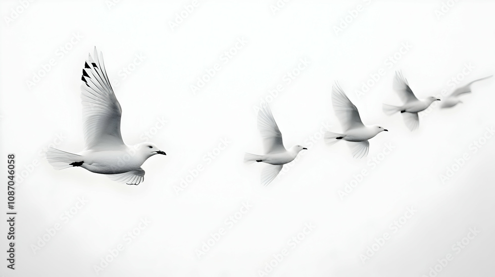 Obraz premium A Black and White Photograph of Four Seagulls Flying in Formation Against a White, Cloudy Sky