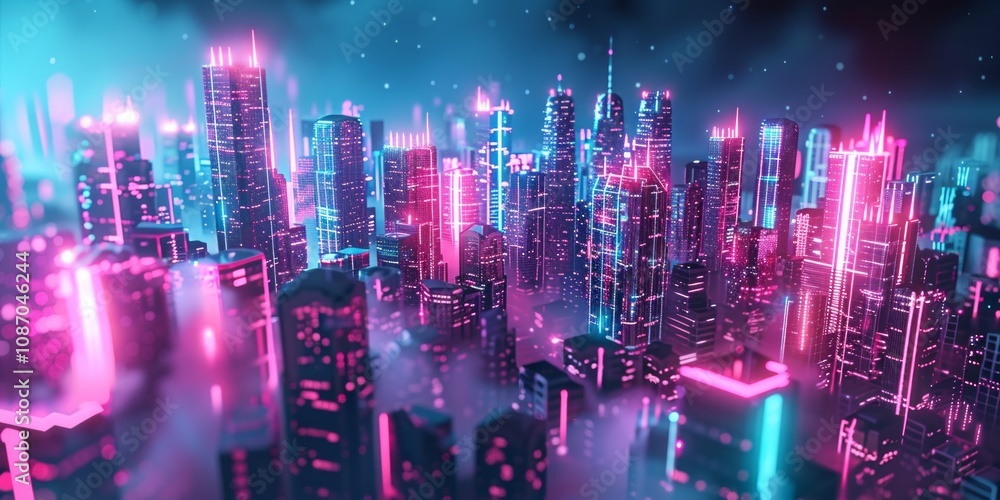 Fototapeta premium Futuristic city skyline with pink and cyan neon lights. Night scene with advanced skyscrapers. 3D Render.