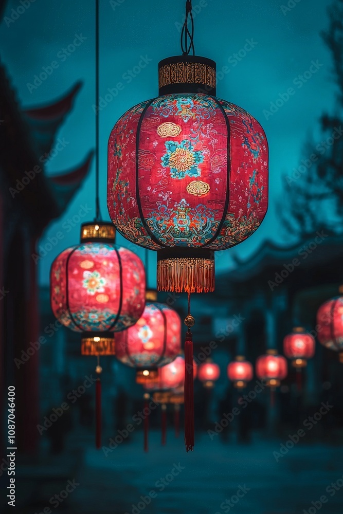 Close-up of red lanterns hanging in a row, illuminated against a dark evening sky, intricate patterns and vibrant colors Close-up of red lanterns hanging in a row, illuminated against a dark evening sky, intricate patterns and vibrant colors