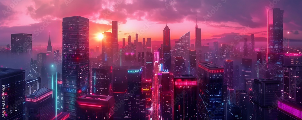 Futuristic cityscape at dusk with neon lights beginning to shine, 4K illustration. Futuristic cityscape at dusk with neon lights beginning to shine, 4K illustration.