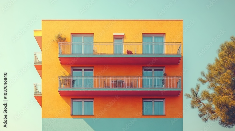 Colorful modern building with balconies and plants.