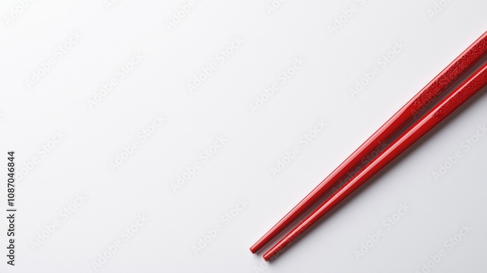 Pair of red chopsticks placed diagonally on a clean white background Pair of red chopsticks placed diagonally on a clean white background