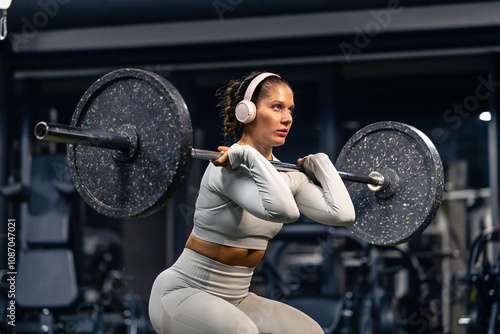 Photos Strong caucasian woman focused on barbell weightlifting training inside gym