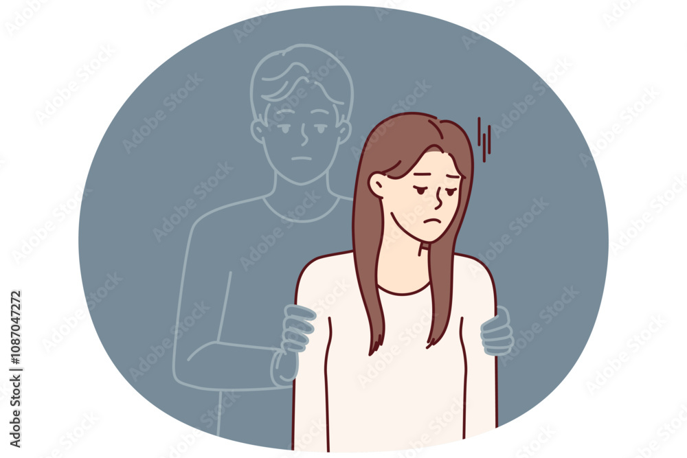 Sad girl with silhouette of man hugging beloved for concept of breaking up with boyfriend or lack of physical intimacy. Sad woman widow feels presence of dead husband stressed after funeral Sad girl with silhouette of man hugging beloved for concept of breaking up with boyfriend or lack of physical intimacy. Sad woman widow feels presence of dead husband stressed after funeral