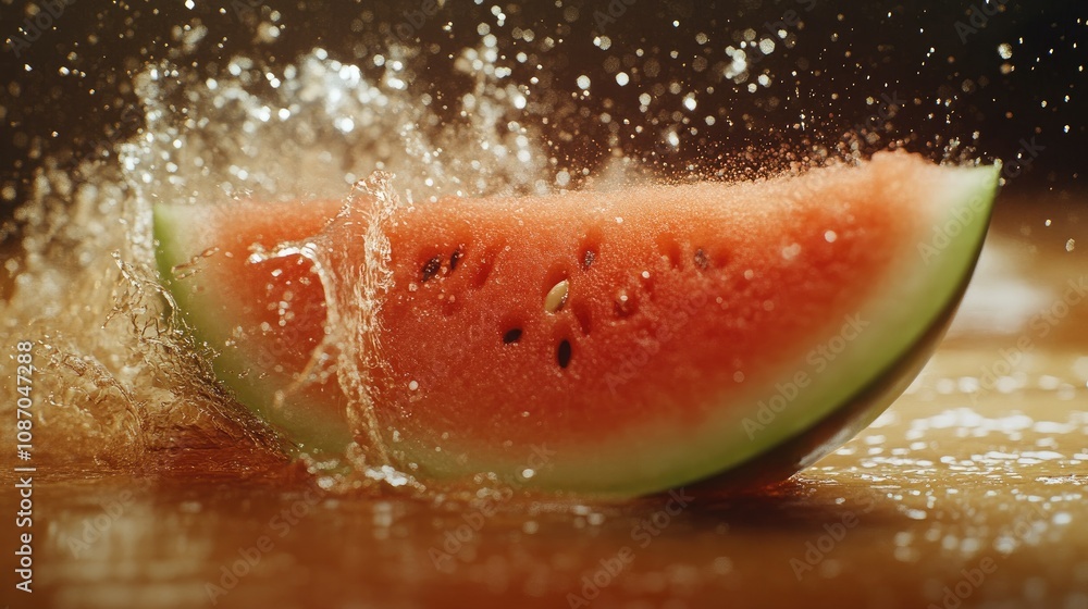 Fototapeta premium Watermelon slice splashing into water, close-up.