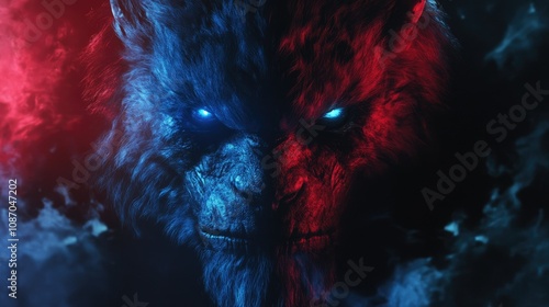 Fierce dual-colored wolf creature portrait, half blue, half red, glowing eyes, dark background.