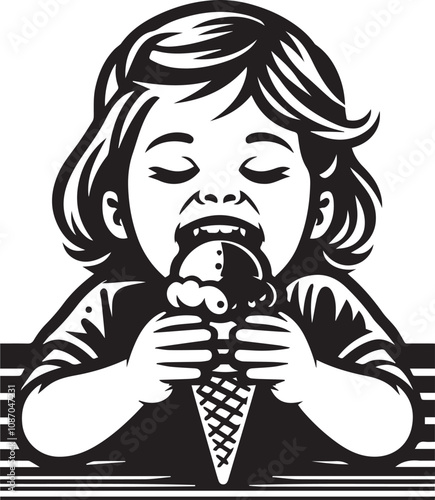 Cute Cartoon Boy Enjoying an Ice Cream Cone. A black and white cartoon illustration of a boy with large, expressive eyes and a happy expression.