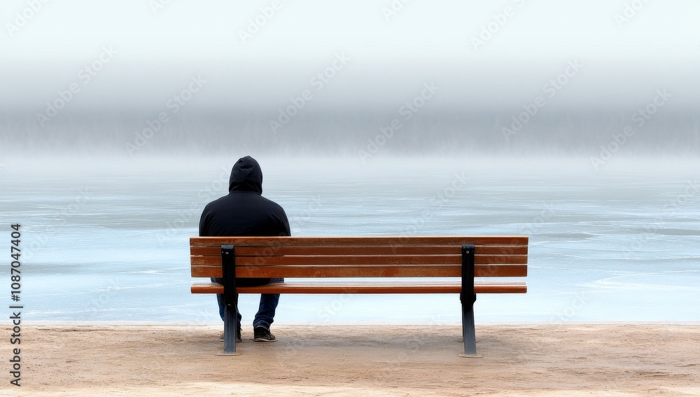 Man sitting on bench wearing black hoodie and jeans, facing away Man sitting on bench wearing black hoodie and jeans, facing away
