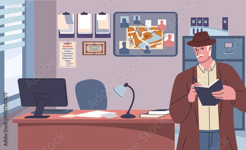 Detective office interior with private police agent character. Investigation work, man thinking about evidences and writing in notebook. Investigator vector scene