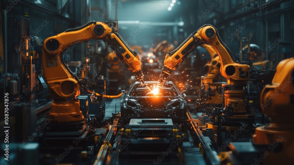 Industrial Robots Welding a Car Body on an Assembly Line Industrial Robots Welding a Car Body on an Assembly Line